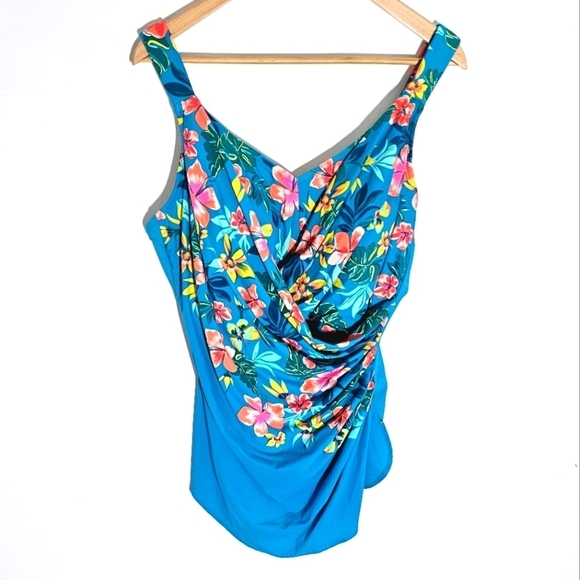 Lan's End Slender Floral Print V-Neck Rushed Side Women's Swimsuit Plus 20W - Picture 3 of 11